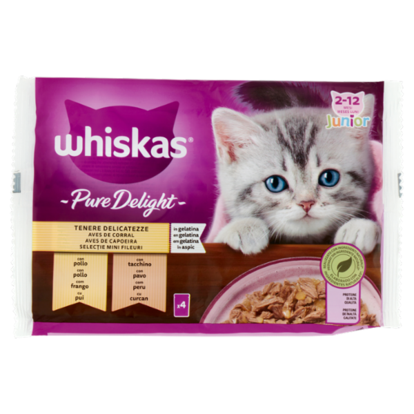 Whiskas Junior Pure Delight Tenere Delicatezze in gelatina con pollo, con tacchino 4 x 85 g
