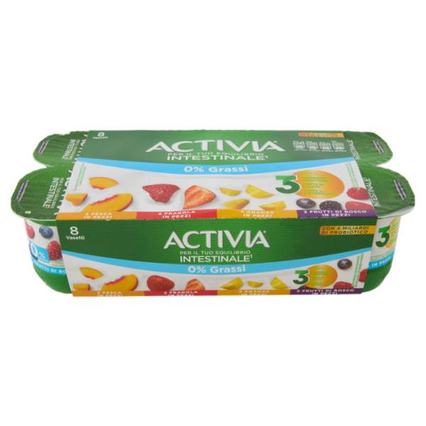 ACTIVIA Yogurt con Probiotico Bifidus, 0% Grassi, mix di gusti Pesca/Frag/Ananas/Frutti Bosco 8x125g
