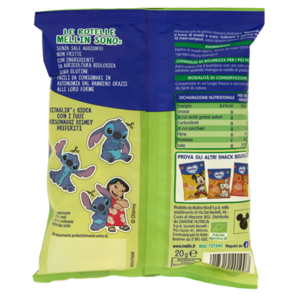 MELLIN Rotelle di Piselli&Mais Disney Stitch, Snack Biologico, Senza Glutine, adatto dai 12 mesi 20g