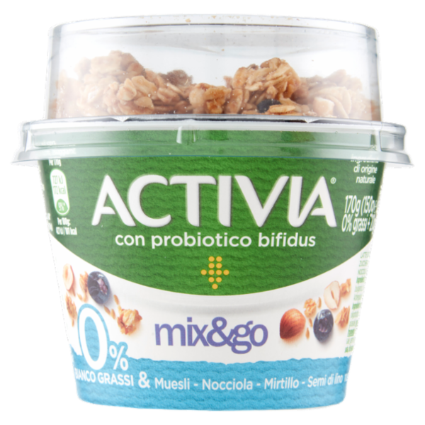 ACTIVIA Mix&Go con Probiotico Bifidus, 0% Grassi, Yogurt con Muesli, Nocciola, Mirtillo, Semi 170g