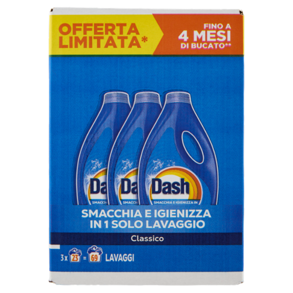 Dash Power Detersivo Liquido Lavatrice, Classico, 3x23 Lavaggi=69 Lavaggi 3x1035 ml