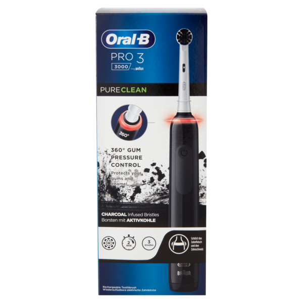 Oral-B Power Spazzolino Elettrico Ricaricabile Pro3 3000 Pure Clean Nero con Setole Carbone