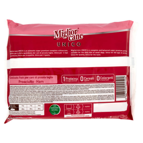 Migliorcane Unico Delicato Patè Prosciutto per Cani Adulti <10 kg Piccola Taglia 4 x 100 g