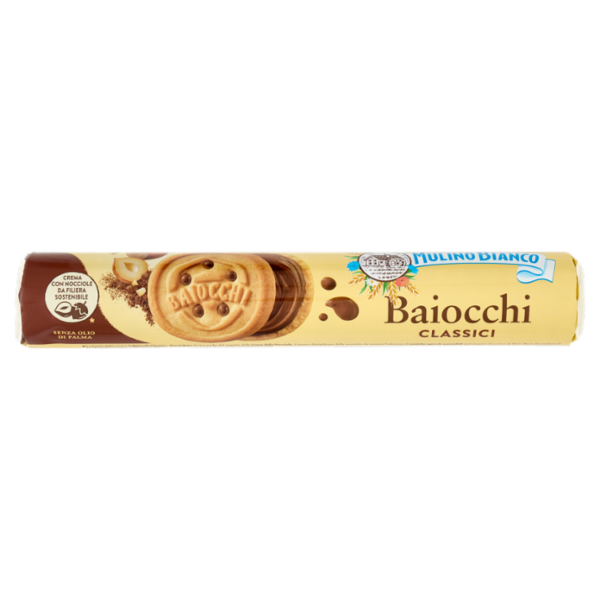 Mulino Bianco Baiocchi Biscotti Snack Farciti con Crema alla Nocciola e Cacao 168g