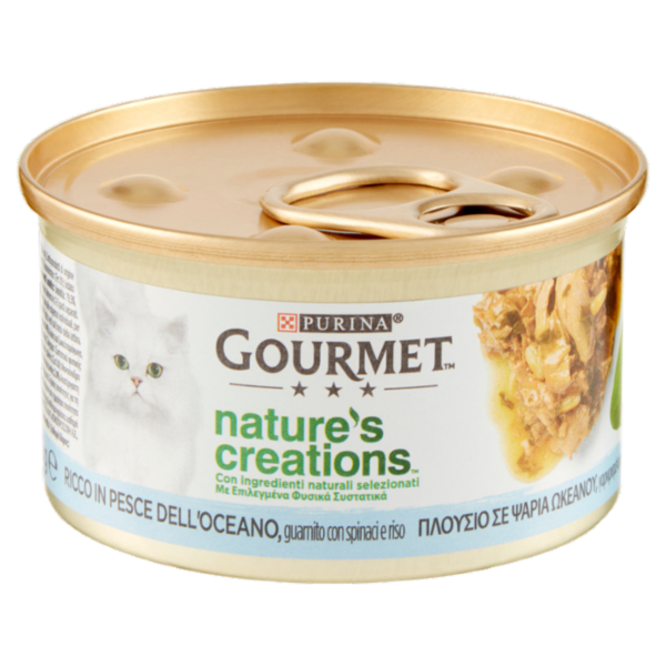 PURINA GOURMET Nature's Creations Ricco in Pesce dell'oceano guarnito con spinaci e riso 85g