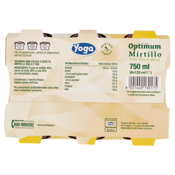 Yoga Optimum al Mirtillo con Uva e Mela Senza Zuccheri Aggiunti** 6 x 125 ml