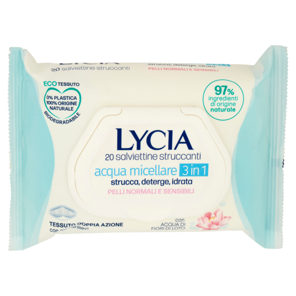Lycia salviettine viso all'acqua micellare 3 in 1 Tutti i Tipi di Pelle Anche Sensibili 20 pz