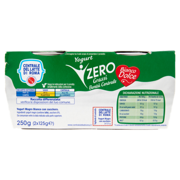 Centrale del Latte di Roma Zero Grassi Yogurt Magro Bianco con zucchero 2 x 125 g