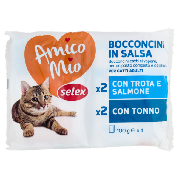 Selex Amico Mio Gatto Bocconcini in Salsa 2 con Trota e Salmone e 2 con Tonno 4x100 g