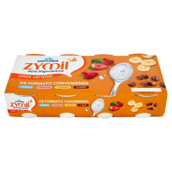 ZYMIL Alta Digeribilità Senza Lattosio Yogurt 2 Bianco, 2 Fragola, 2 Banana, 2 Caffè 8 x 125 g
