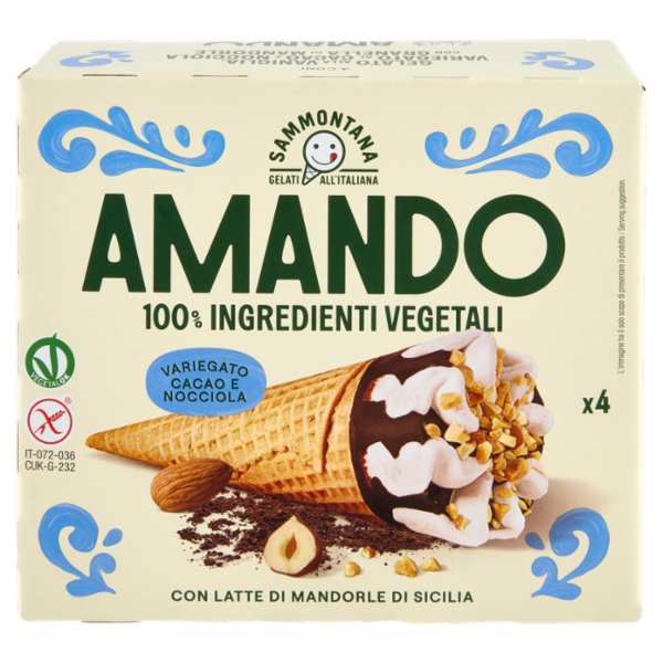 Sammontana Amando 4 Coni Gelato alla Vaniglia, Variegato al Cacao e Nocciola 4 x 75 g