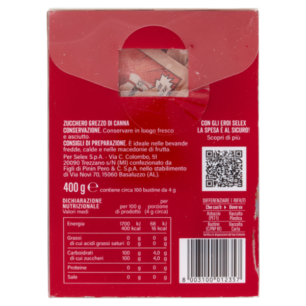 Selex Zucchero di Canna Grezzo 100 Bustine da 4 g