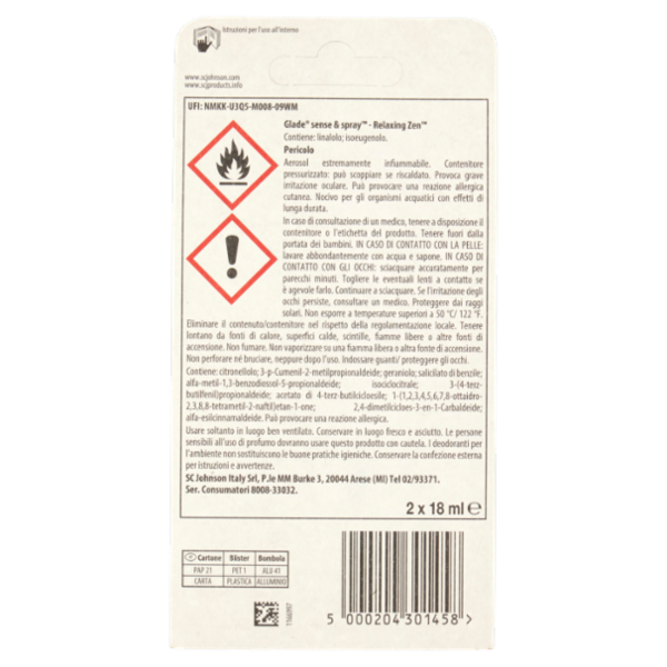 Glade Sense&Spray Doppia Ricarica, Deodorante per Ambienti con Sensore Fragranza Relaxing Zen 2x18ml