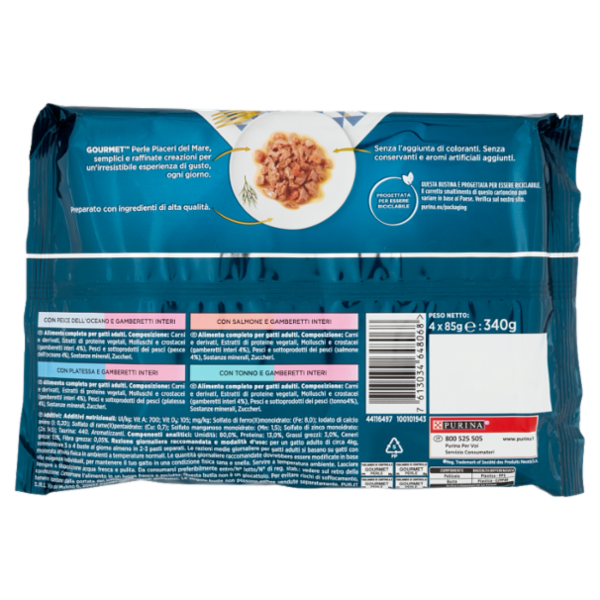PURINA GOURMET Perle Piaceri del Mare Pesce dell'Oceano / Platessa / Salmone / Tonno 4 x 85 g