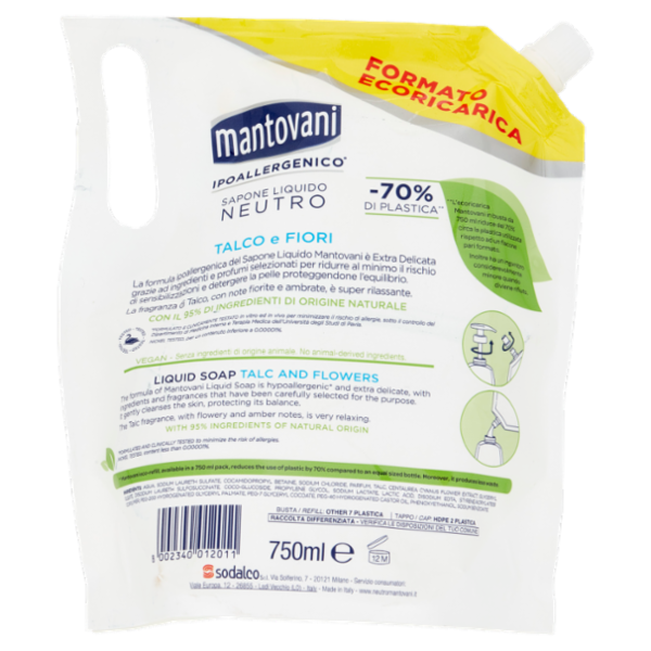 mantovani Sapone Liquido Neutro Talco e Fiori Formato Ecoricarica 750 ml
