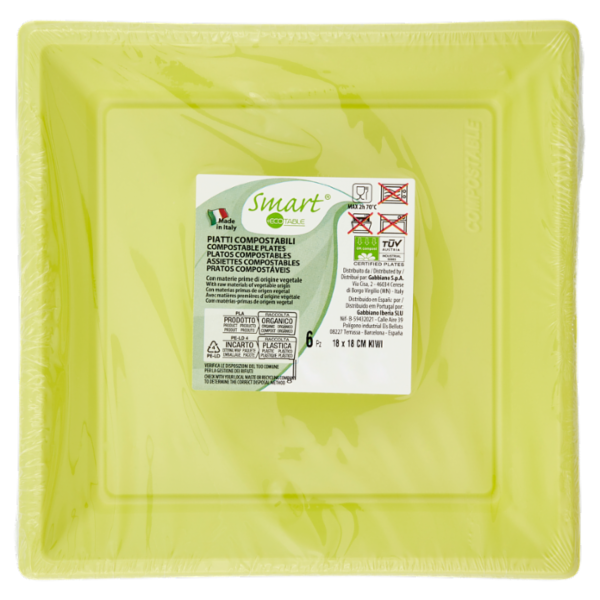 Smart Ecotable Piatti Compostabili Kiwi 18x18 cm 6 pz