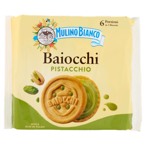 Mulino Bianco Baiocchi Biscotti Snack Farciti con Crema al Pistacchio 168g