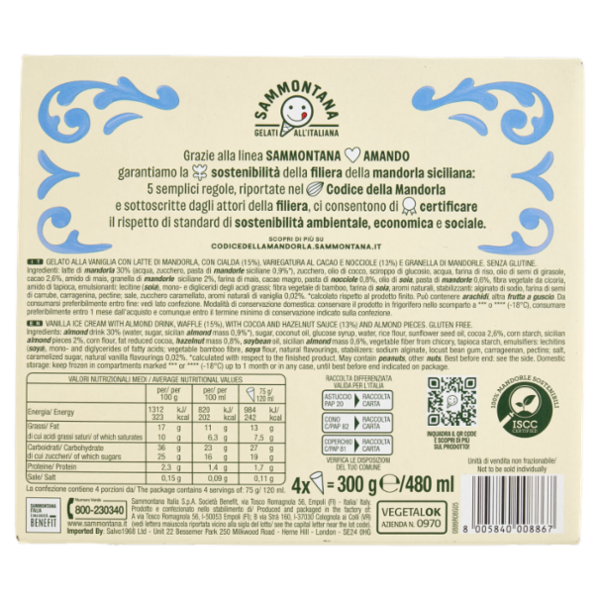 Sammontana Amando 4 Coni Gelato alla Vaniglia, Variegato al Cacao e Nocciola 4 x 75 g