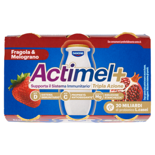 ACTIMEL Tripla Azione, Yogurt da Bere con Vit D e C e Magnesio, gusto Fragola&Melograno,6x100G