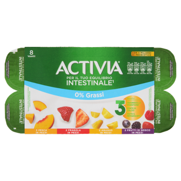 ACTIVIA Yogurt con Probiotico Bifidus, 0% Grassi, mix di gusti Pesca/Frag/Ananas/Frutti Bosco 8x125g