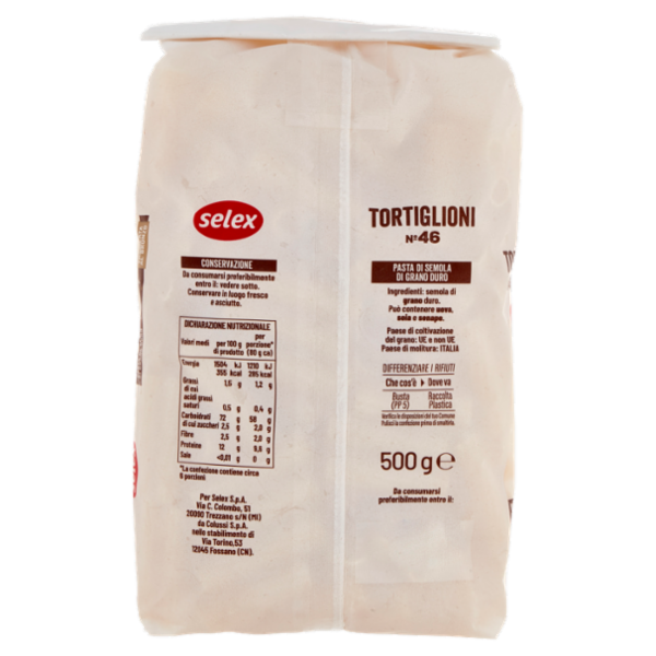 Selex Pasta di Semola Trafilata al Bronzo Tortiglioni 500 g