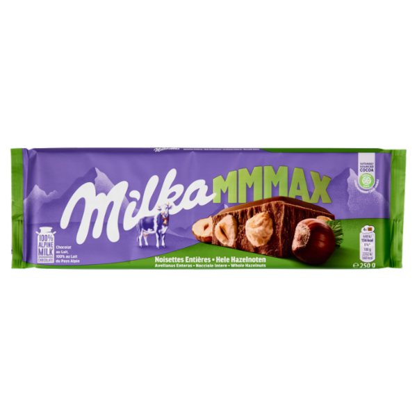 Milka Mmmax, maxi tavoletta di cioccolato al latte 100% alpino con nocciole intere - 250g