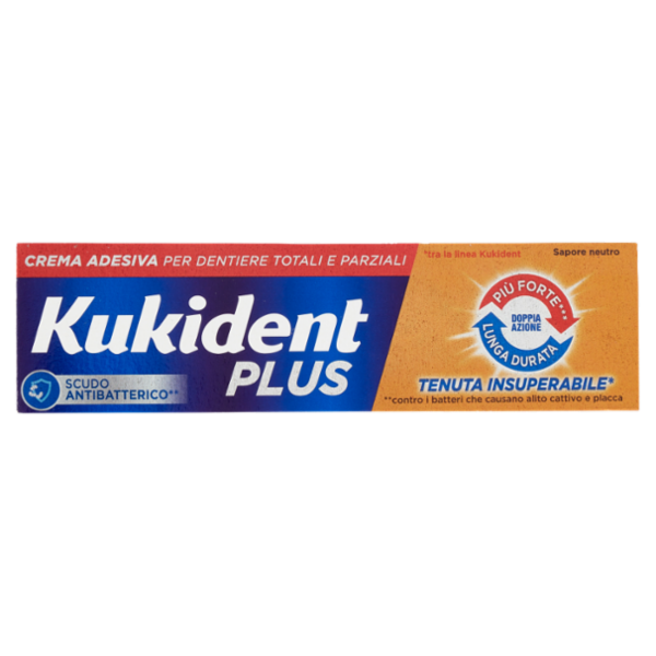 Kukident Plus Doppia Azione Crema Adesiva per Dentiere Totali e Parziali 35 g
