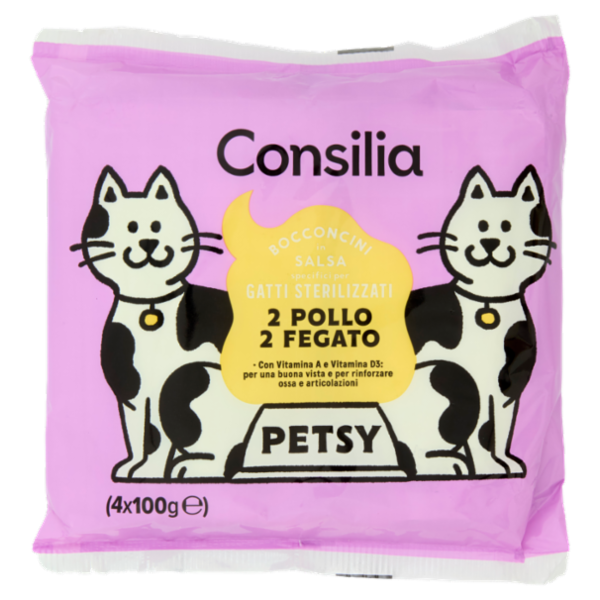 Consilia Petsy Bocconcini per Gatto Adulto Sterilizzato in Salsa 2 Pollo e 2 Fegato 4x100 g
