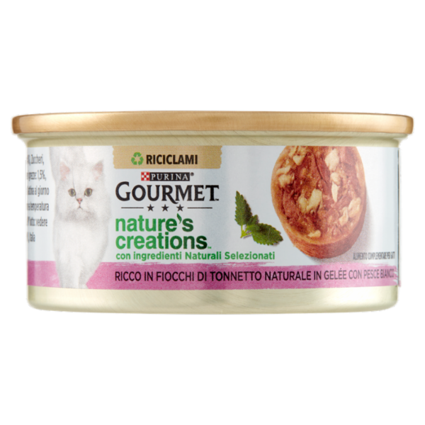 PURINA GOURMET Nature's Creations Ricco in Fiocchi di Tonnetto Naturale in Gelée e Pesce Bianco 70g