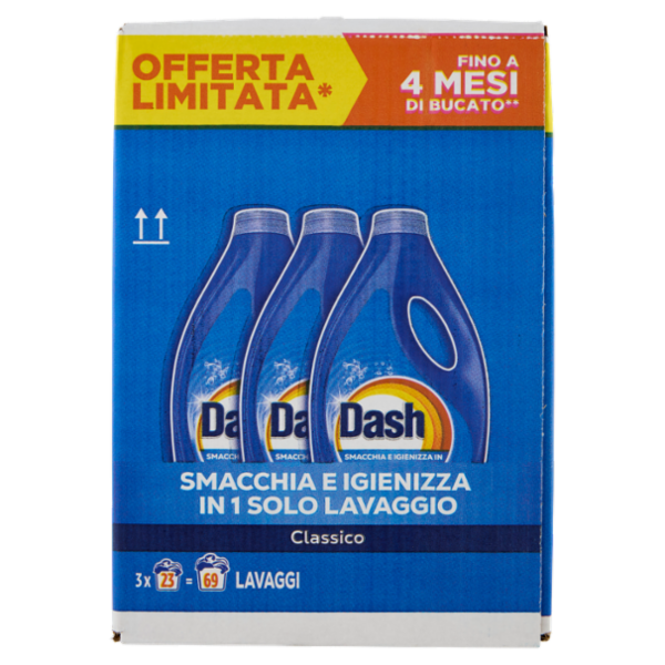 Dash Power Detersivo Liquido Lavatrice, Classico, 3x23 Lavaggi=69 Lavaggi 3x1035 ml