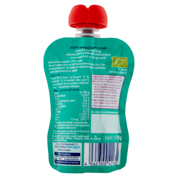 HiPP Biologico Frutta Frullata Plus⁺ Mela, pera e frutti rossi con ferro 90 g