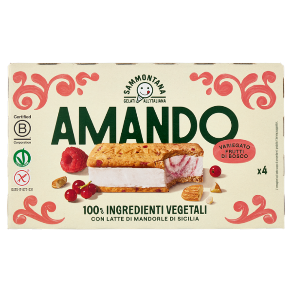 Sammontana Amando 4 Biscotti Gelato alla Vaniglia, Variegato ai Frutti di Bosco 4 x 52 g