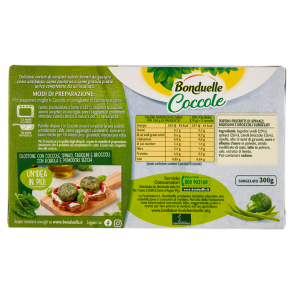Bonduelle Coccole 8 Tortini di Spinaci, Fagiolini e Broccoli Surgelato 300 g