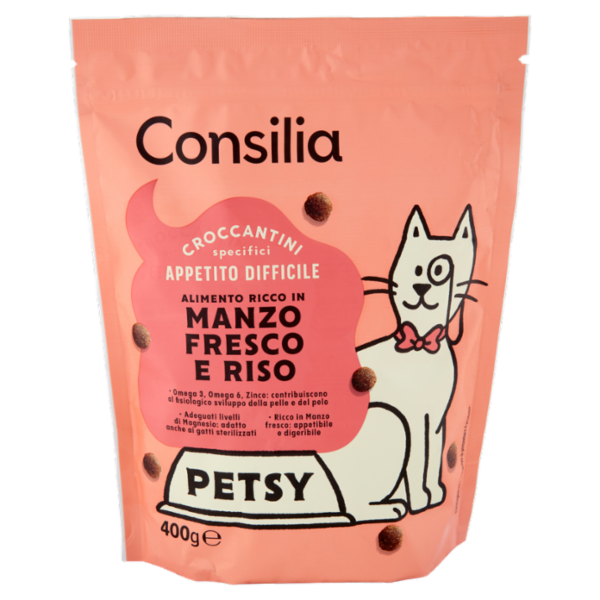 Consilia Petsy Gatto Appetito Difficile Croccantini con Manzo Fresco e Riso 400 g