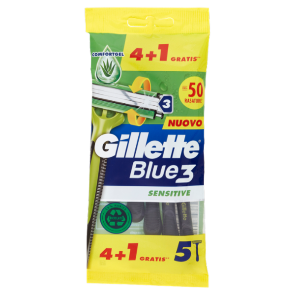 Gillette Rasoio Uomo Blue3 Sensitive Usa e Getta a 3 Lame, Confezione da 4 rasoi+1 Gratis = 5 Rasoi