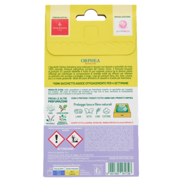Orphea Salvalana Sacchetti per Cassetti e Armadi al Profumo Naturale di Legno di Lavanda 3 x 10 g