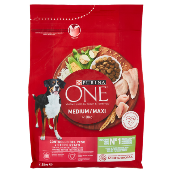 PURINA ONE Medium / Maxi Controllo del Peso / Sterilizzato Ricco in Tacchino con Riso 2,5 kg