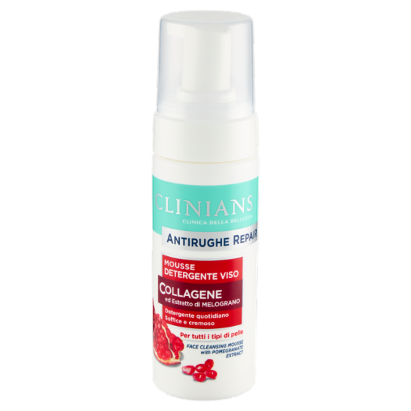 Clinians Antirughe Repair Mousse Detergente Viso Collagene ed Estratto di Melograno 150 mL