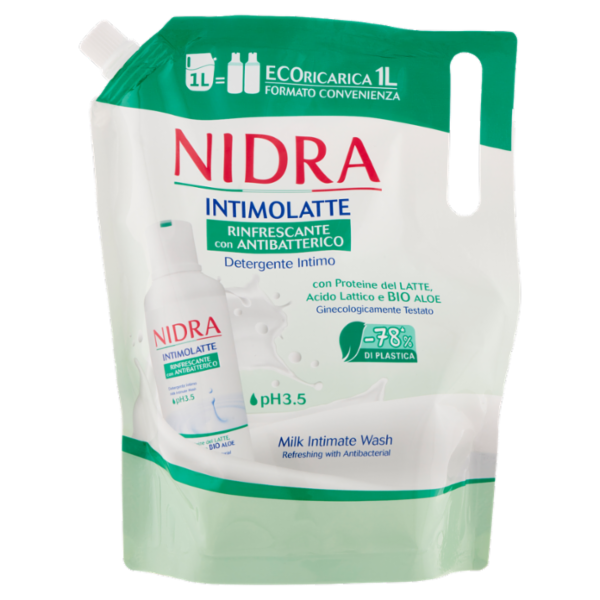 Nidra Intimolatte Rinfrescante con Antibatterico Detergente Intimo pH 3.5 Ecoricarica 1 L