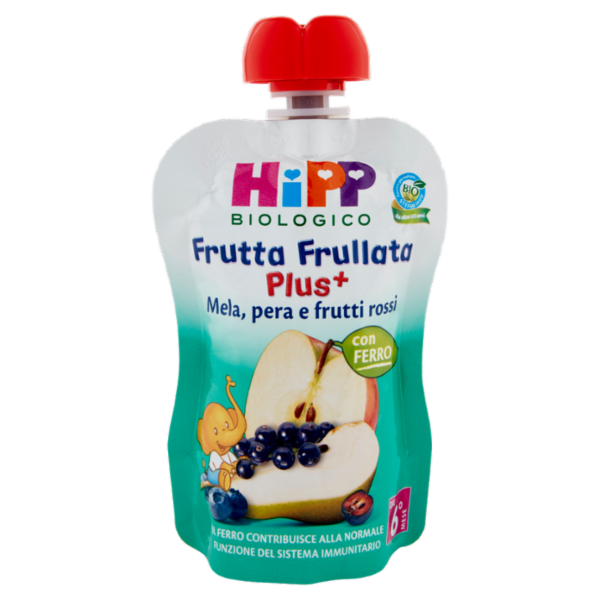 HiPP Biologico Frutta Frullata Plus⁺ Mela, pera e frutti rossi con ferro 90 g