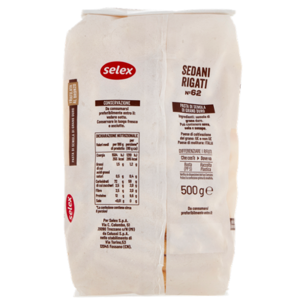 Selex Pasta di Semola Trafilata al Bronzo Sedani Rigati 500 g