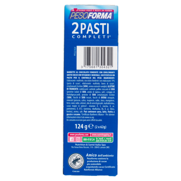 Pesoforma Barrette 2 Pasti Low Sugar Fondente Cocco, High Protein, basso impatto glicemico - 2x62g
