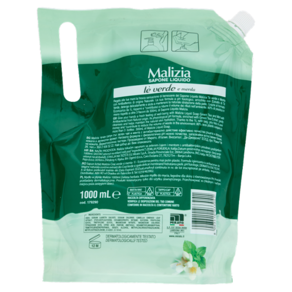 Malizia Sapone Liquido Igienizzante con Antibatterico tè verde e menta Ecoricarica 1000 mL