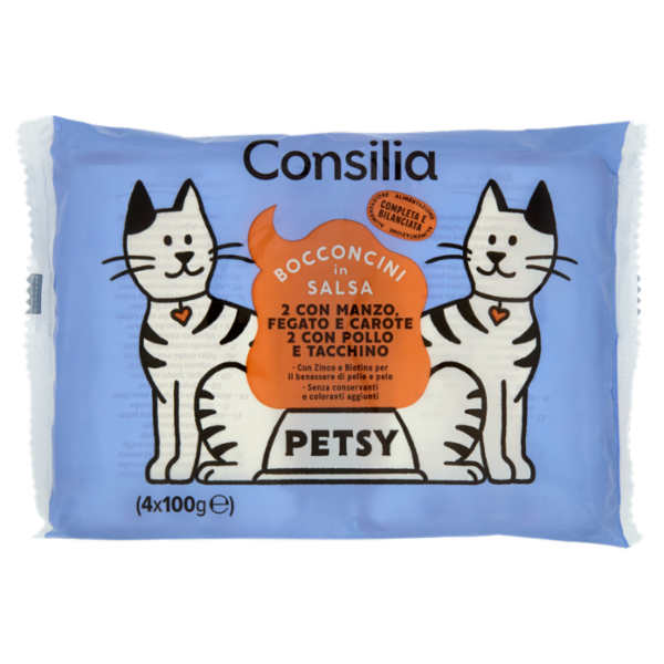 Consilia Petsy Gatto Bocconcini in Salsa 2 Manzo, Fegato e Carote e 2 Pollo e Tacchino 4x100 g