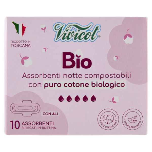 Vivicot Bio Assorbenti notte compostabili con Ali Ripiegati in Bustina 10 pz
