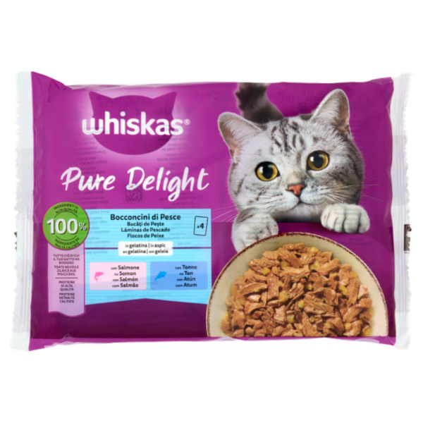 Whiskas Pure Delight Cibo Umido Gatto Bocconcini di Pesce in Gelatina con Salmone e Tonno 4x85g