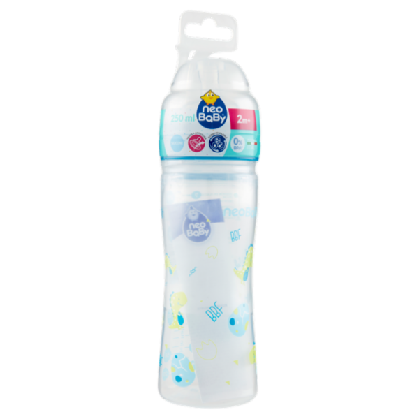 neo Baby Biberon Plastica Collo Largo 250 ml 2m+ Dino Blu