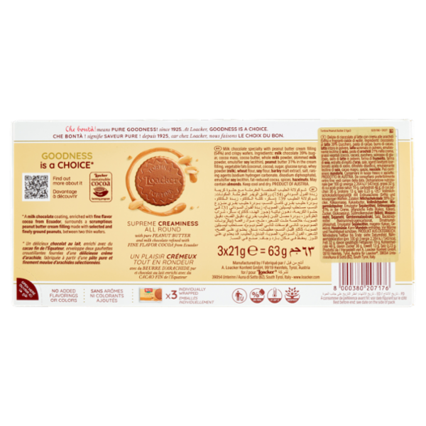 Loacker Tortina Peanut Butter Wafer ricoperto di cioccolato al latte con crema alle arachidi 21gx3