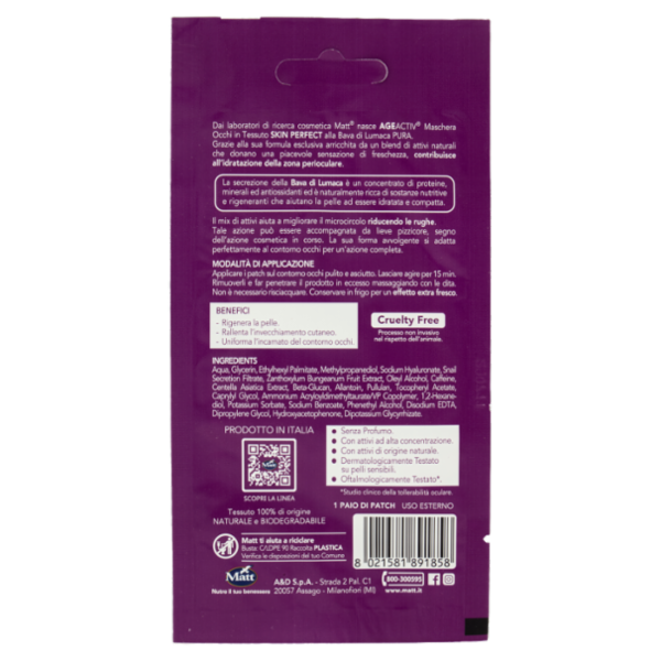Matt Age Activ Skin Perfect Maschera Occhi in Tessuto Rughe-Borse-Occhiaie Bava di Lumaca Pura 2 pz