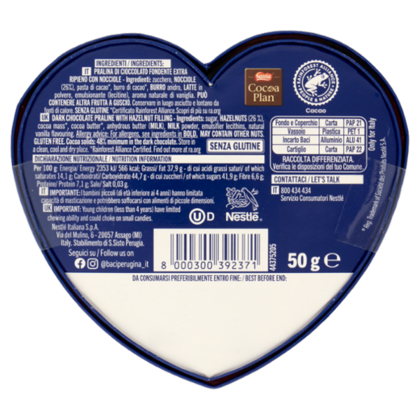 BACI PERUGINA Classico Cioccolatini Fondenti ripieni al Gianduia Scatola Cuoricino San Valentino 50g